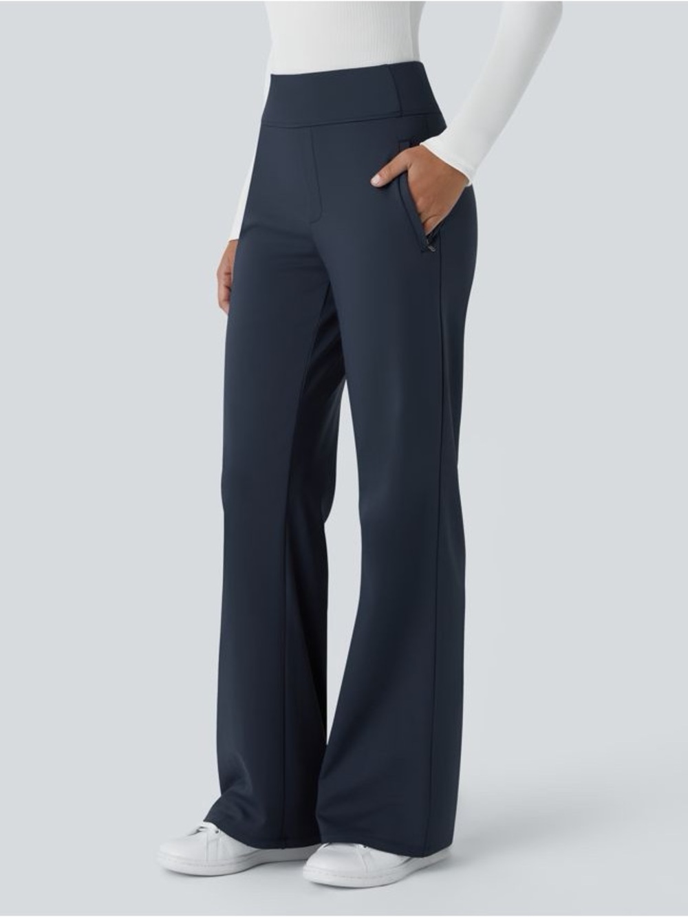 Halara Flex DayStretch Mid Rise Side Zipper Pocket Work Flare Pants Small Navy